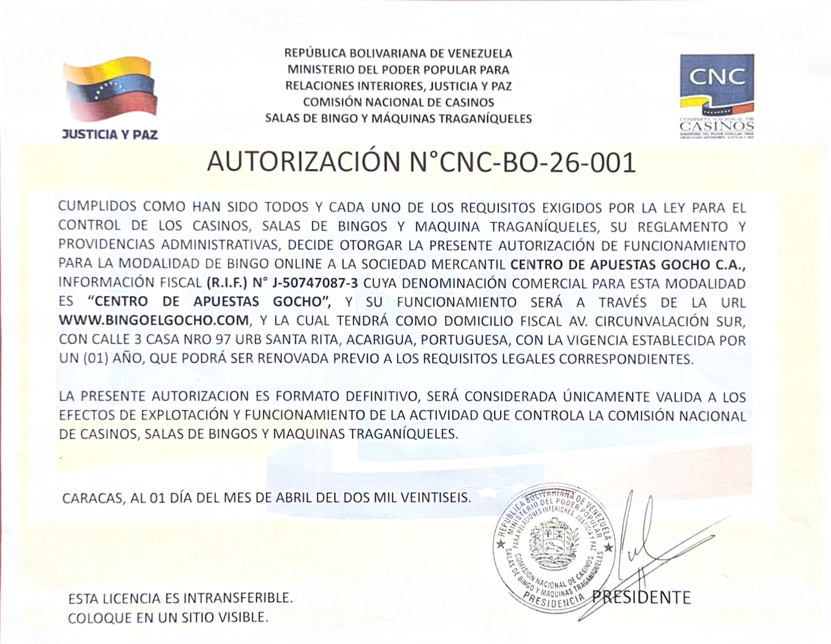 Certificado de autorización emitido por la Comisión Nacional de Casinos, Salas de Bingo y Máquinas Tragamonedas